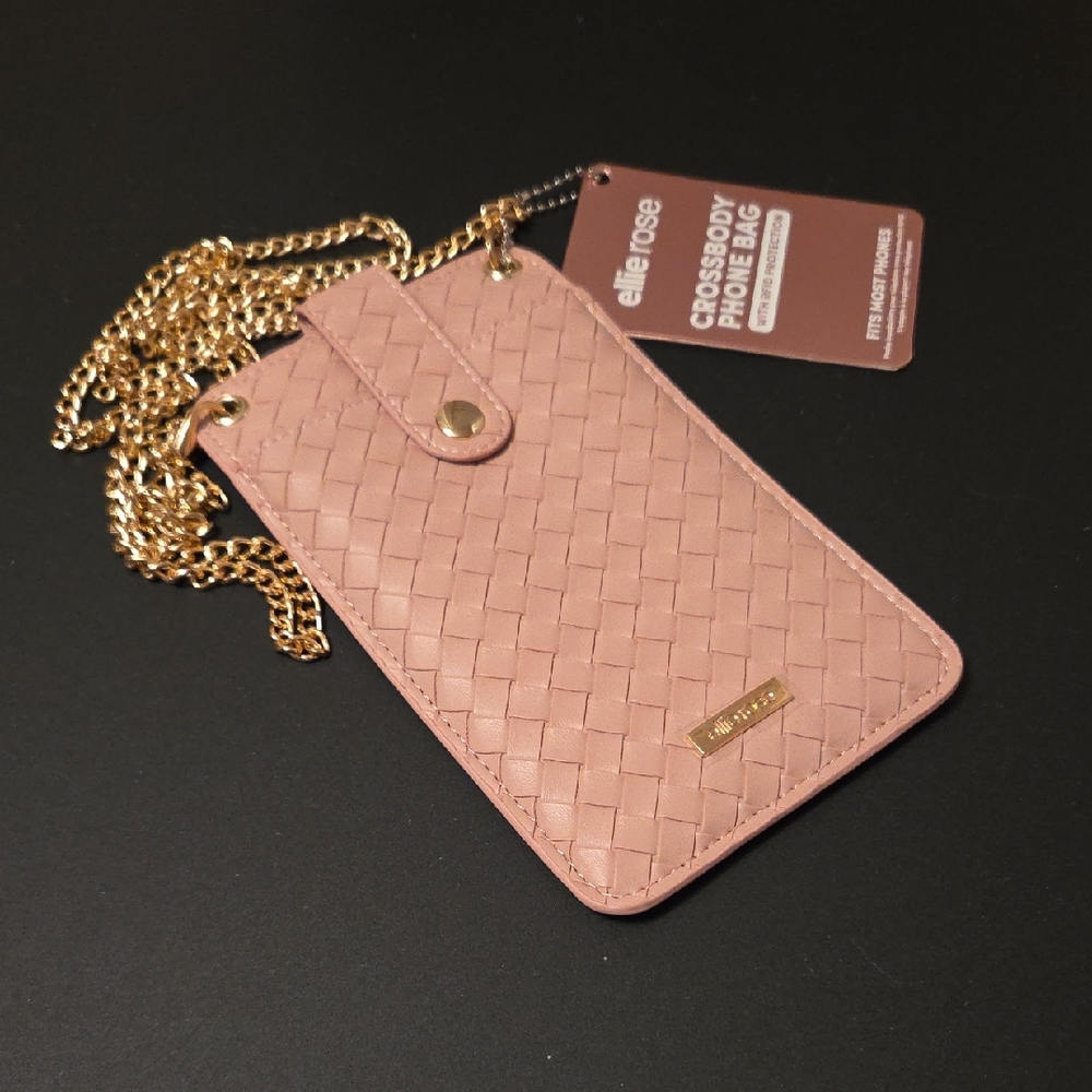 Pink Woven Crossbody Phone Bag with Gold Chain